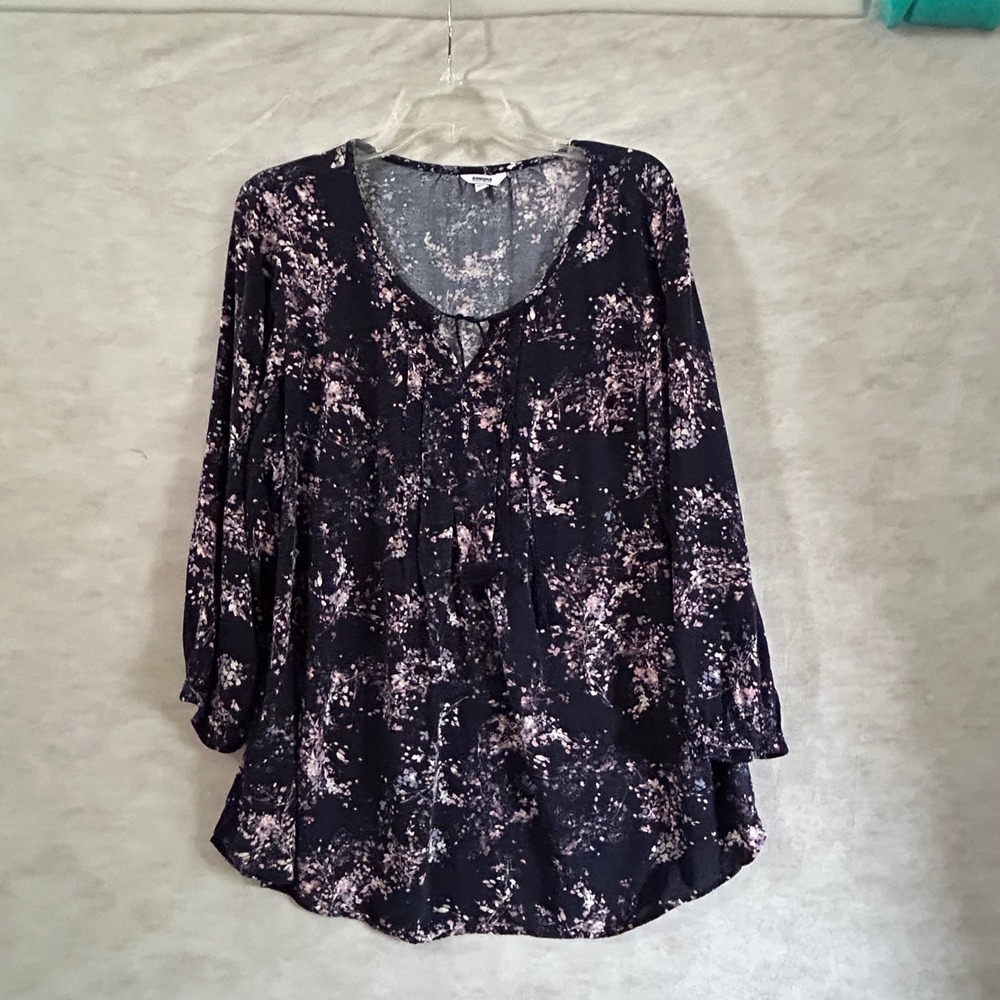 Sonoma Goods For Life Navy Floral Tassel Tie Blouse XL Long Sleeve Rayon Top
